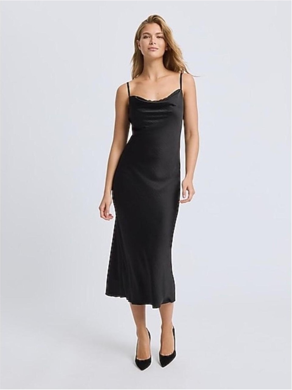 Black Slip Midi Dress with Cowl Neck